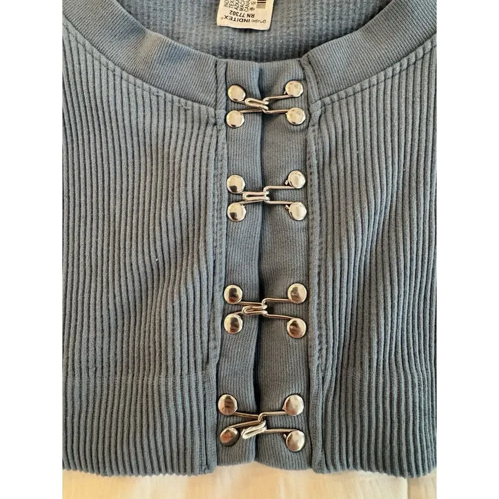 Zara Dusty Blue Crop Top Ribbed Knit Y2K Downtown Girl Balletcore Edgy Casual